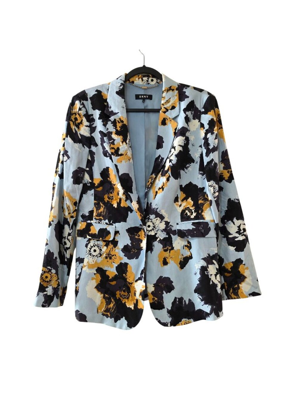 DKNY Women's Floral Blazer Cornflower Blue Yellow Linen Blend One Button 10 NWOT